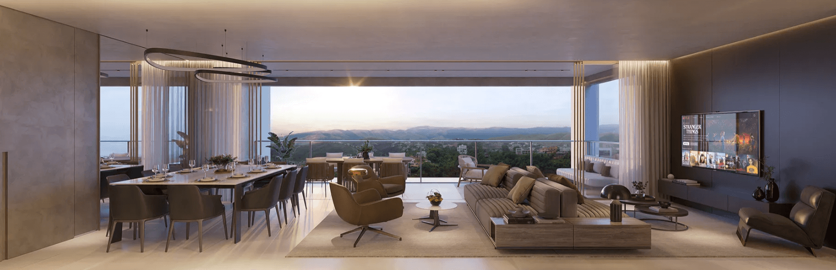 Sala de estar e jantar integradas com vista panorâmica, empreendimento de alto padrão no Vila da Serra e Vale do Sereno, Nova Lima