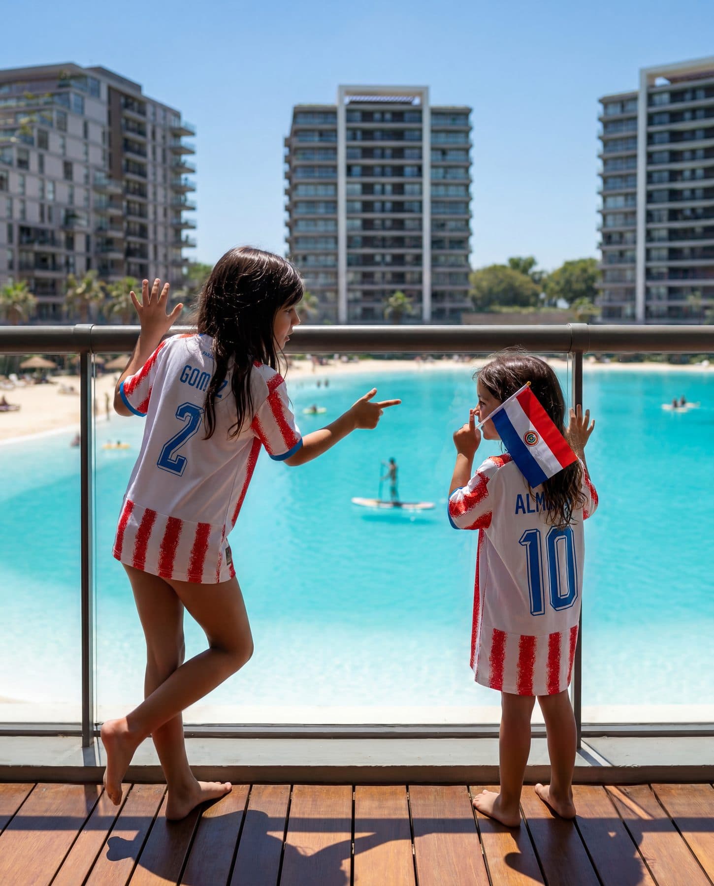 Crianças com a camisa do Paraguai na varanda de frente para a lagoa do Marena