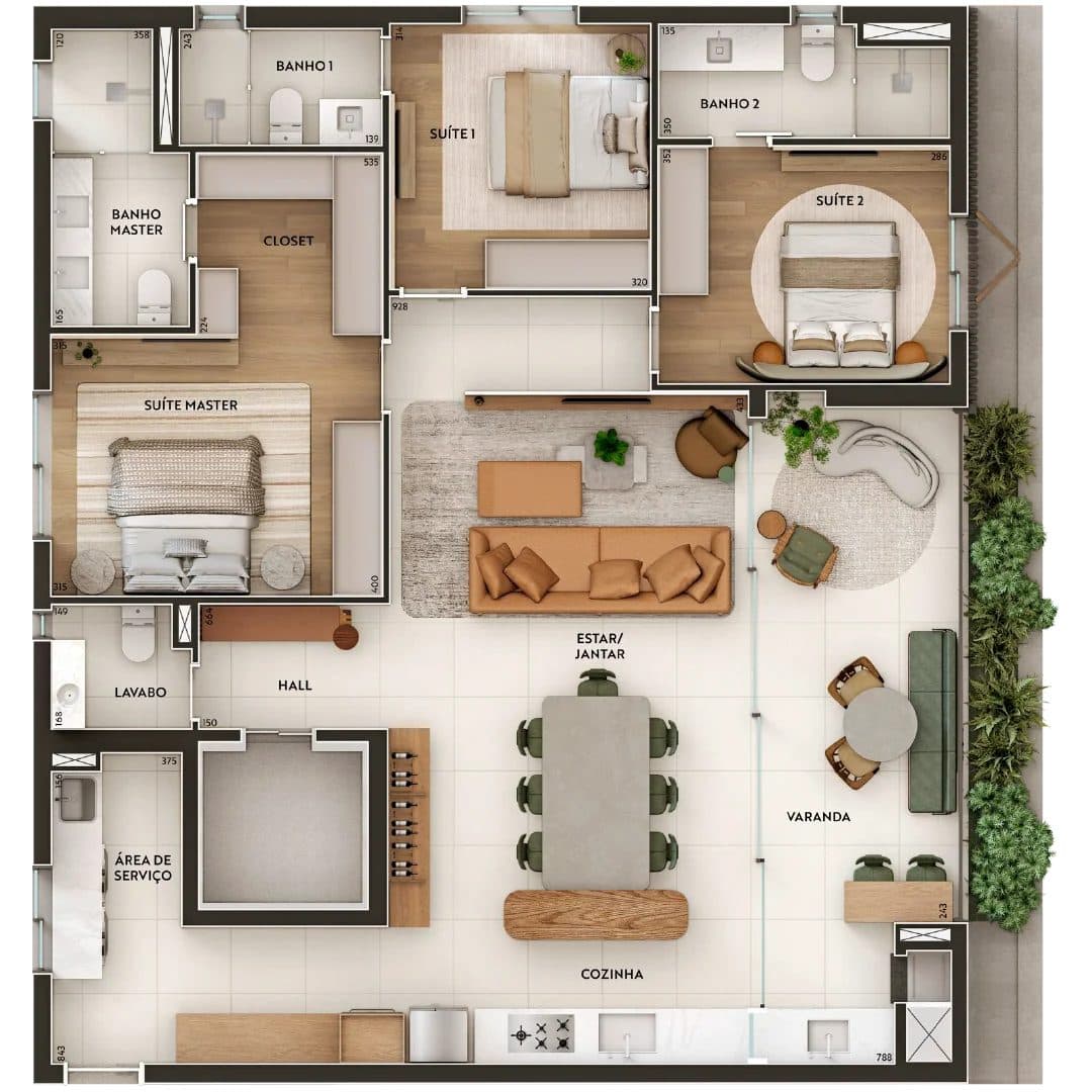 Planta 145 m² · 3 suítes — Casa Horizonte