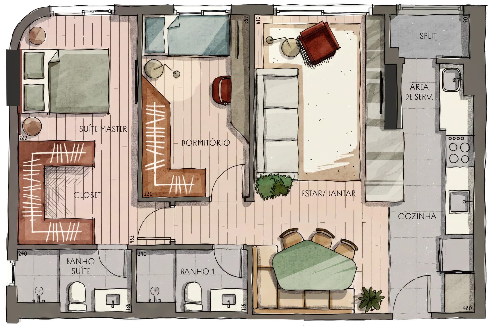 Planta 65 m² · 2 dormitórios — Ginga