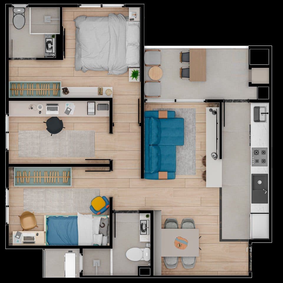 Planta 65,38 m² · 3 dormitórios — Living