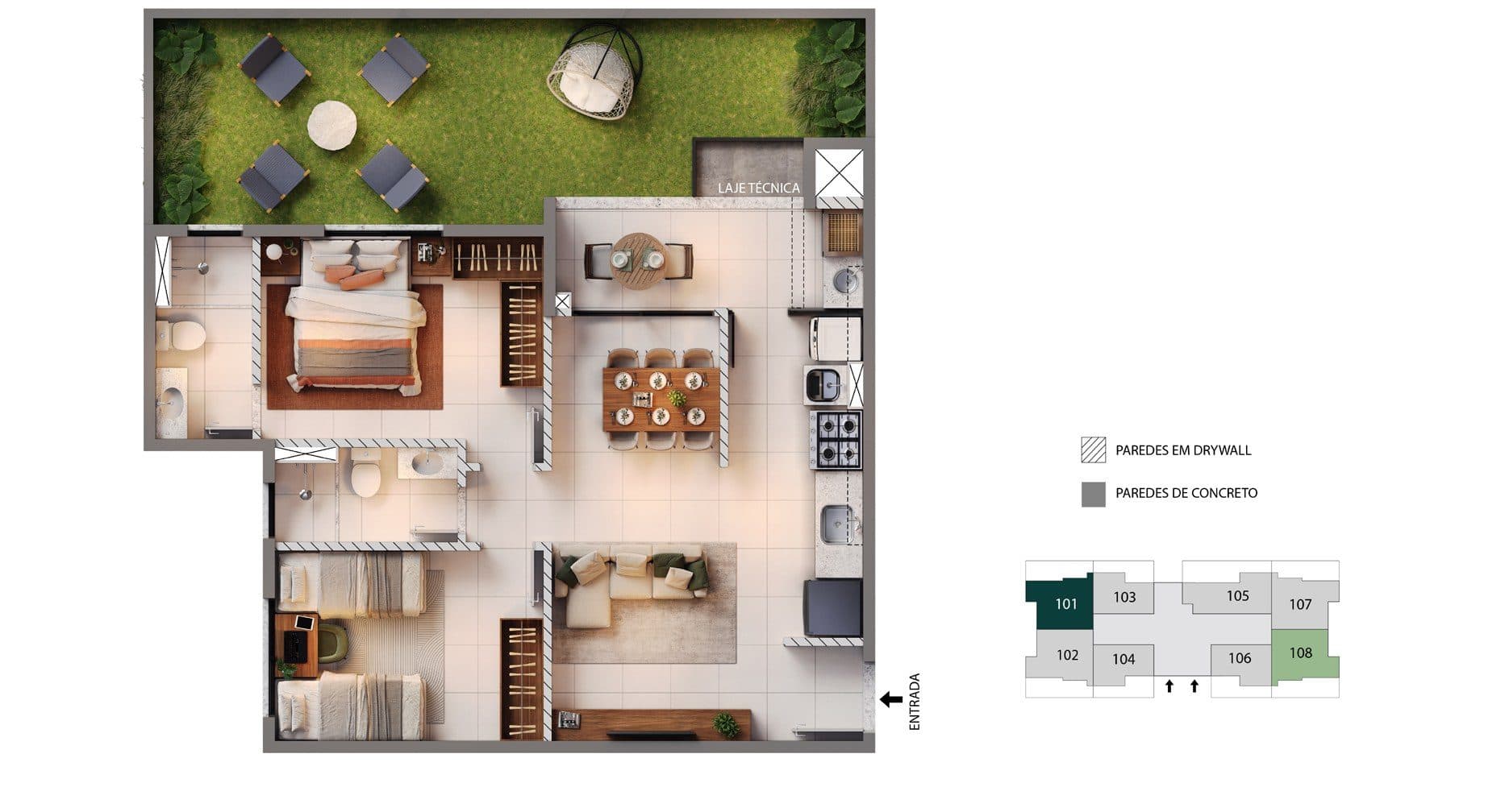 Planta 2 quartos + garden — Sensia Alameda