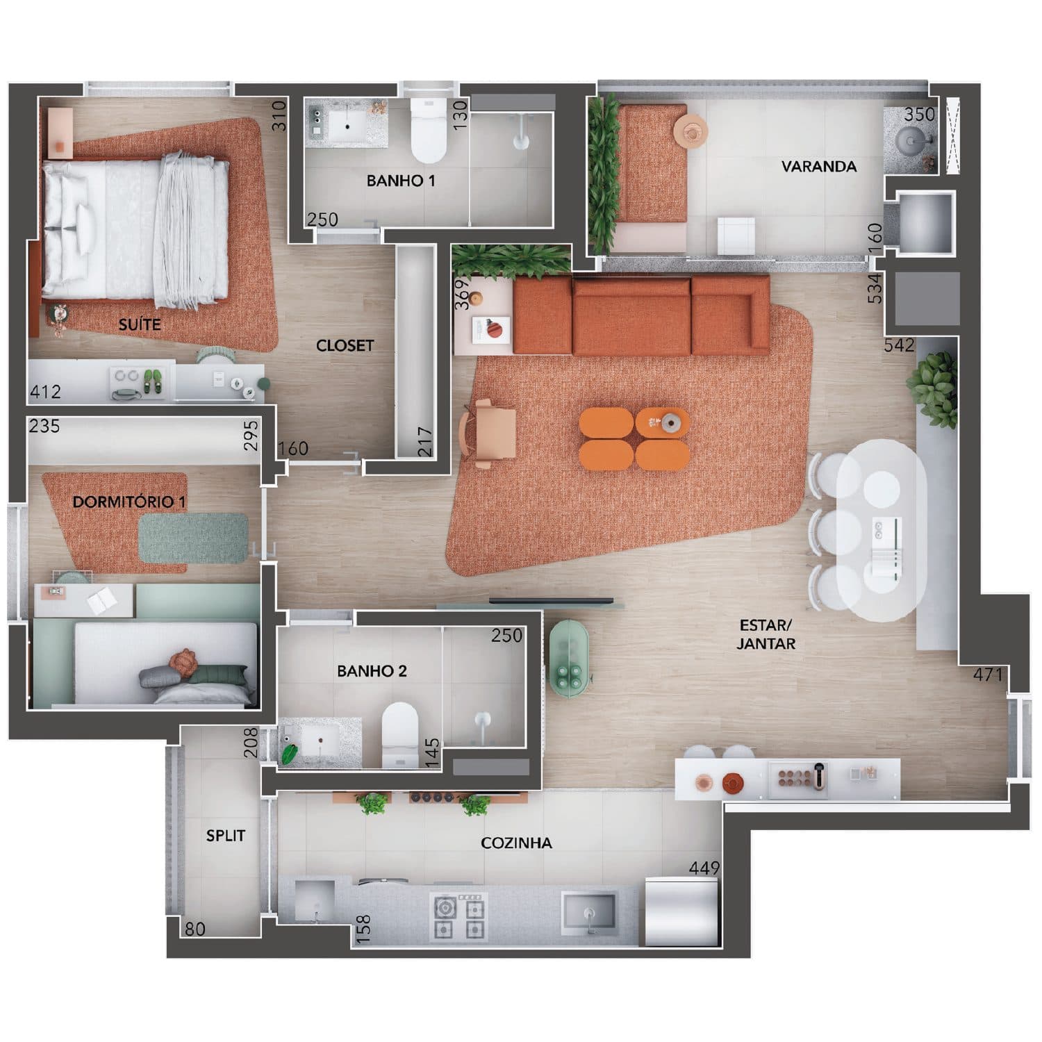 Planta 80 m² · 2 dormitórios — Summer