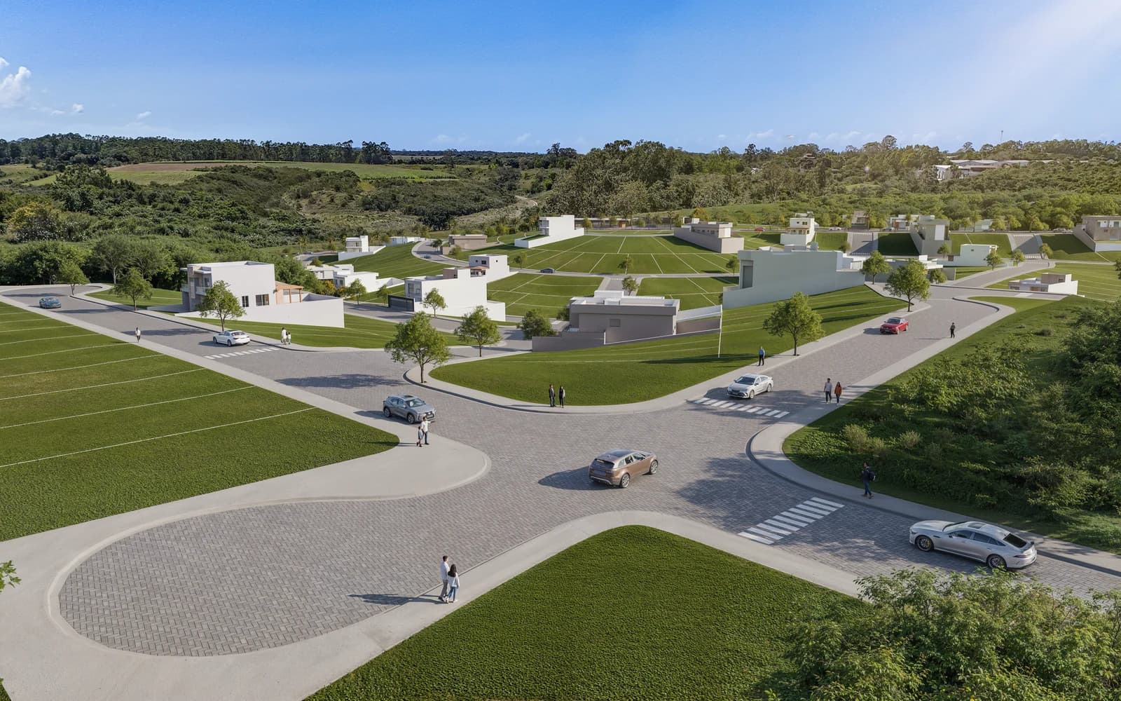 Vista aérea de ruas curvas e lotes residenciais do Aroeira Parque