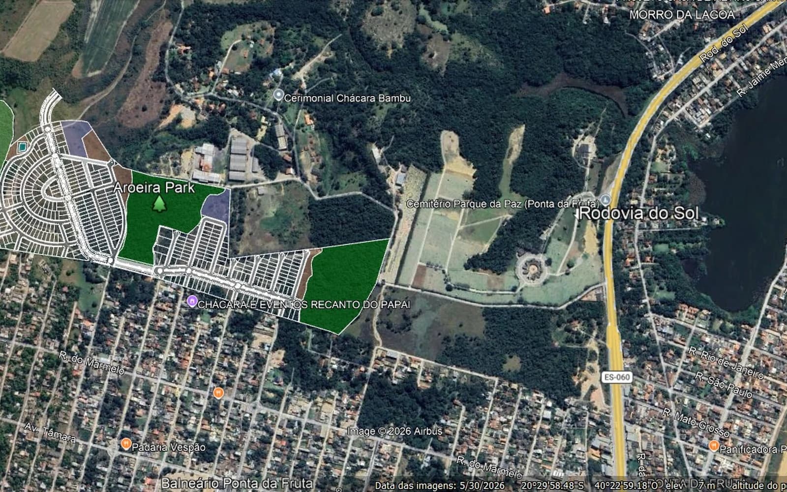 Mapa do Aroeira Parque próximo à Rodovia do Sol e ao Balneário Ponta da Fruta