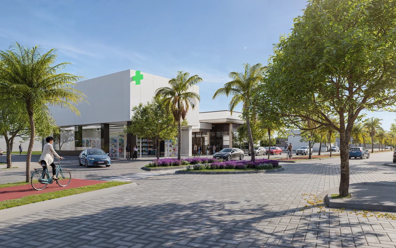 Área comercial do Aroeira Parque com rua ampla e paisagismo