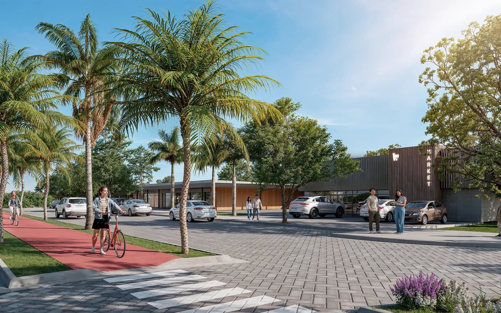 Rua arborizada do Aroeira Parque com ciclovia e área comercial